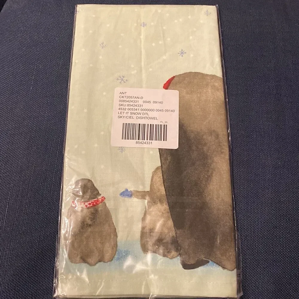 NWT ANTHROPOLOGIE Let It Snow Penguin Dish Towel Sky